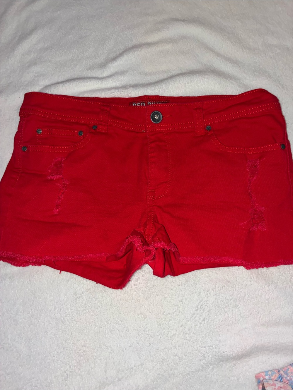Red Rivet Bright Red Distressed Denim Shorties Shorts Women’s